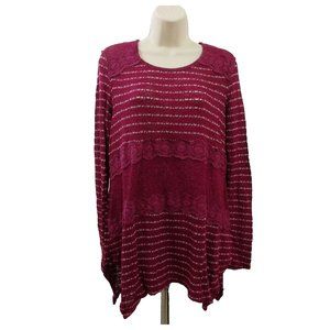 New Directions Sweater Sz Medium Pullover Striped Pink White w/Lace Long Sleeve